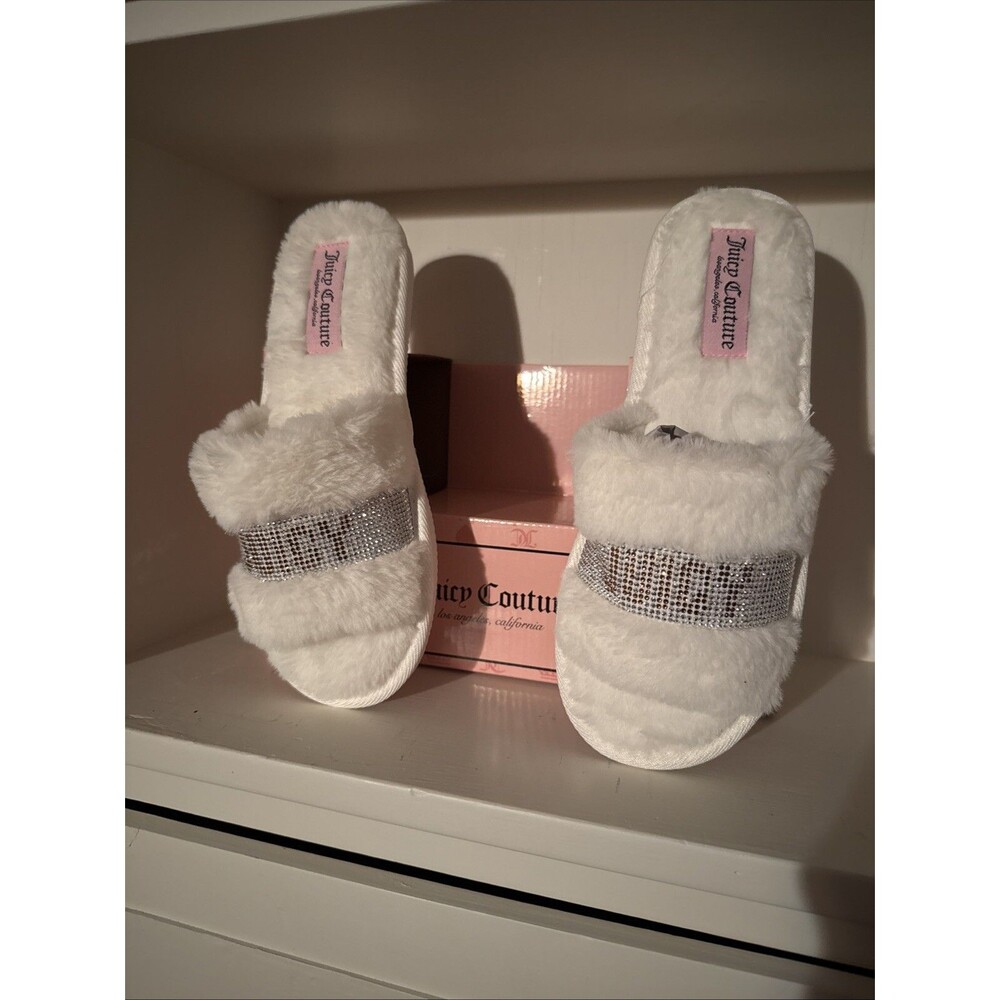 New Juicy Couture Slippers Womens Size Large (8/9) Fuzzy Slip On Logo Bling